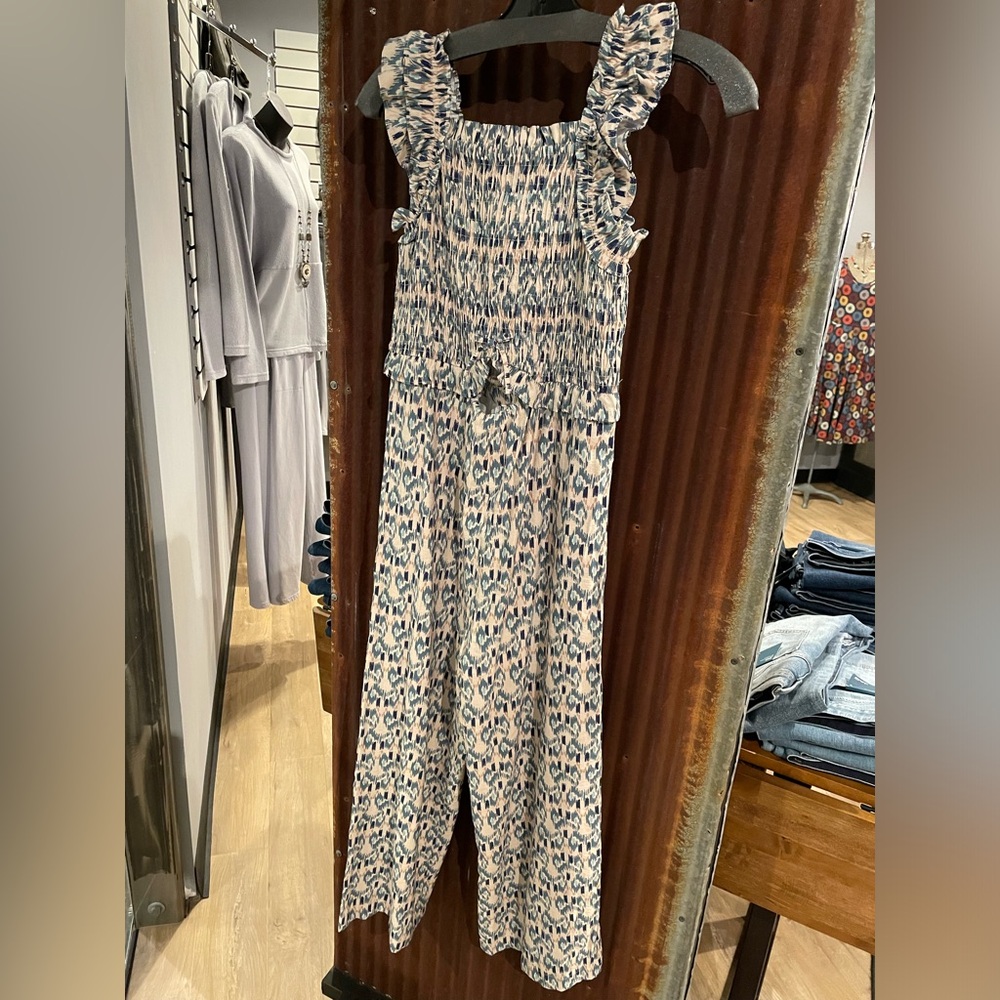 Size 13-14 (164cm) Zara Girls Smocked Linen Blend Print Sleeveless Jumpsuit